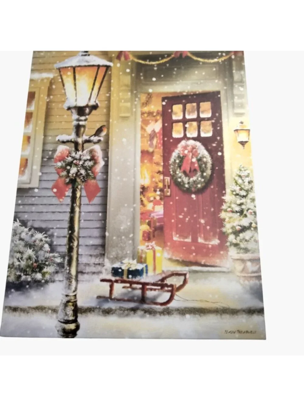 Holiday Greeting Card Simon Treadwell Christmas Door Wreath Lamppost Sled USA